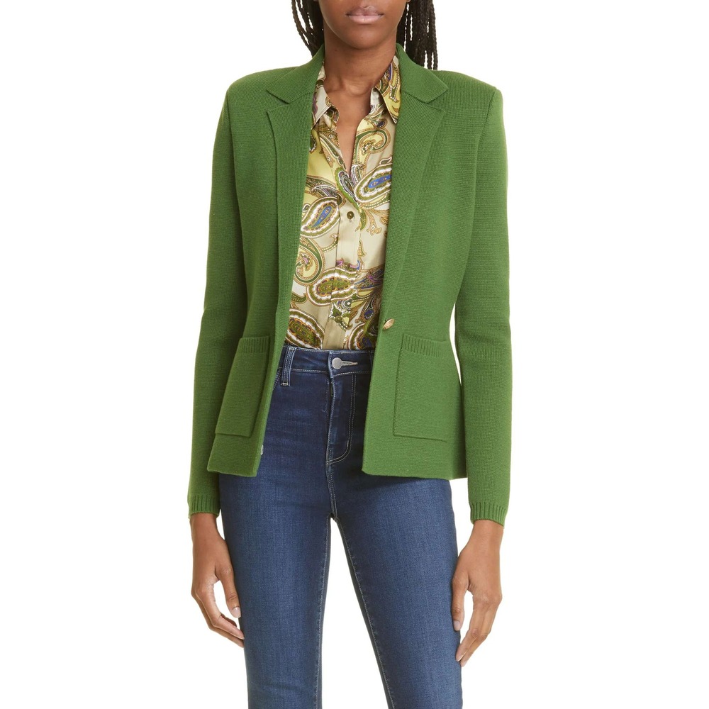 L'AGENCE Chamberlain Knit Blazer Green Waffle Cardigan Jacket Gold Button Large